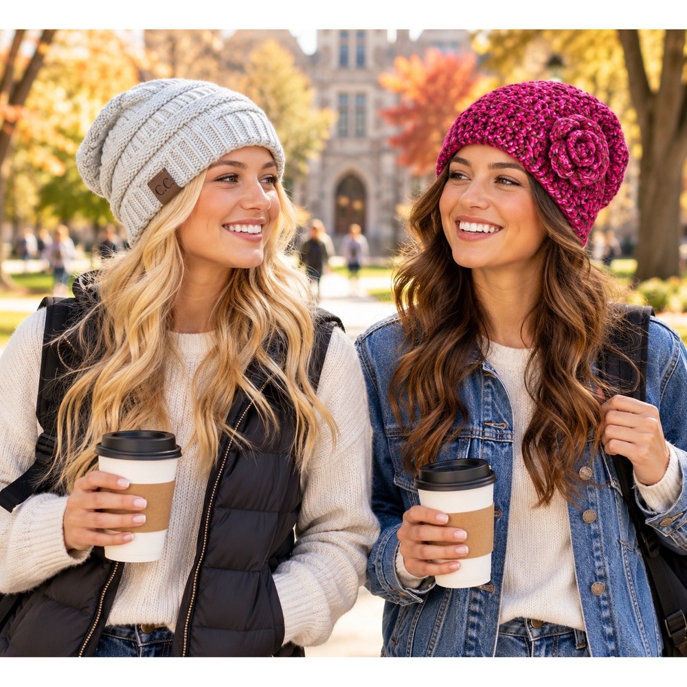 C.C Cable Knit Beanie & Crochet Handmade Flower Beanie Winter Stocking Hat Set